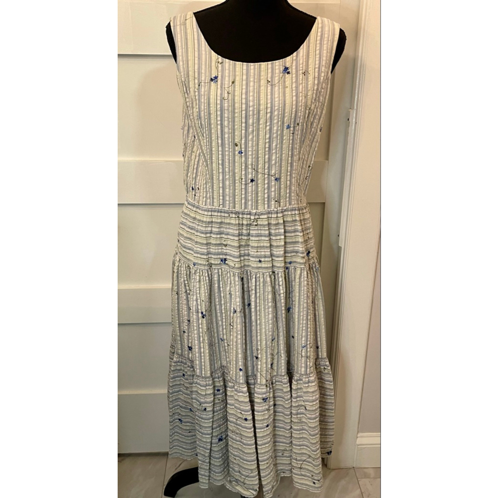 Vintage Coldwater Creek Seersucker Embroidered Cotton Dress USA Made Tiered 10P